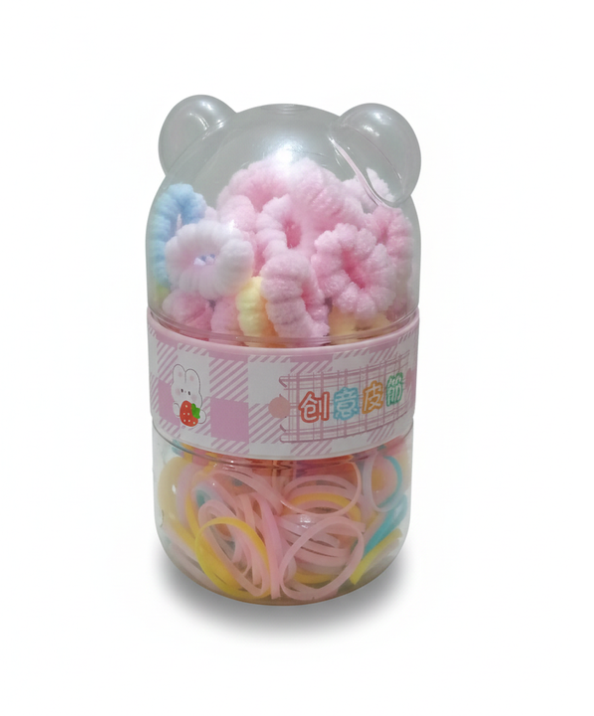 Kawaii Bear 2-in-1 Hair Accessory Set – Pastel Scrunchies & Elastic Bands in Divided Gift Jar