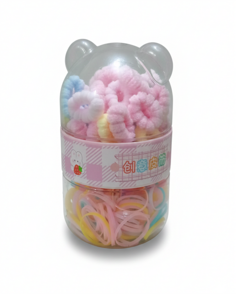 Kawaii Bear 2-in-1 Hair Accessory Set – Pastel Scrunchies & Elastic Bands in Divided Gift Jar
