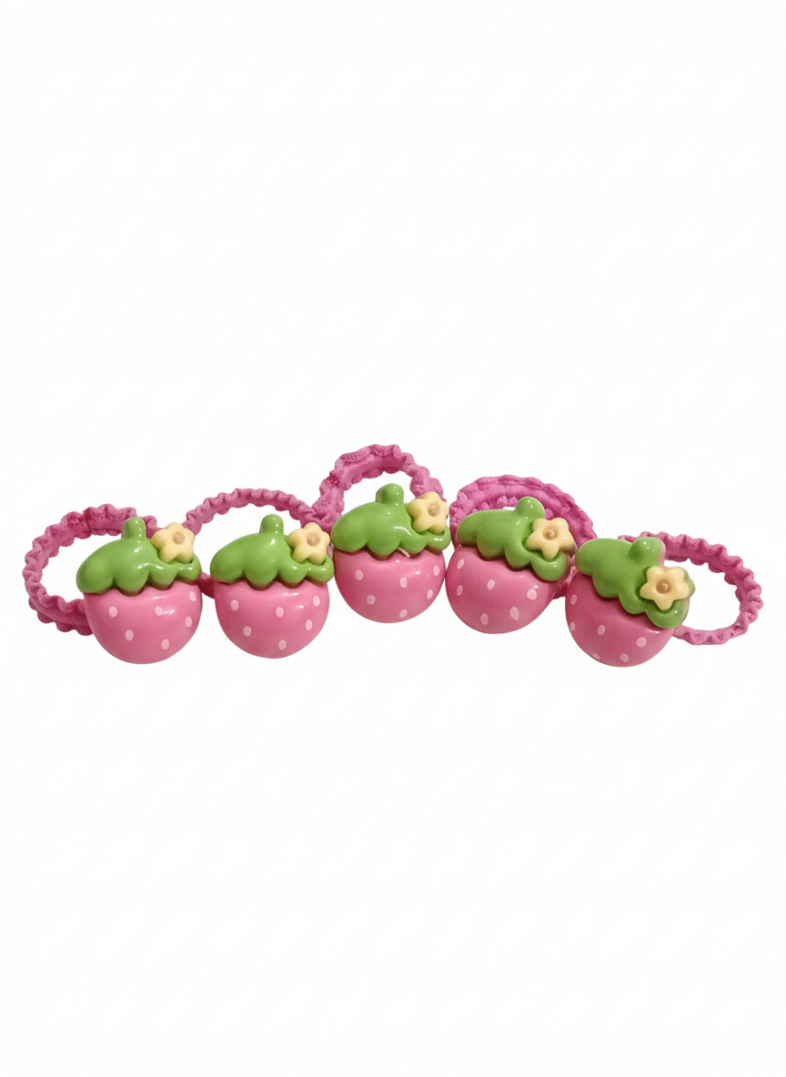 Kawaii Pink Strawberry Hair Elastics - (Pack of 5)