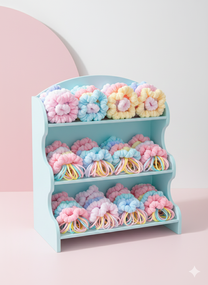Kawaii Bear 2-in-1 Hair Accessory Set – Pastel Scrunchies & Elastic Bands in Divided Gift Jar