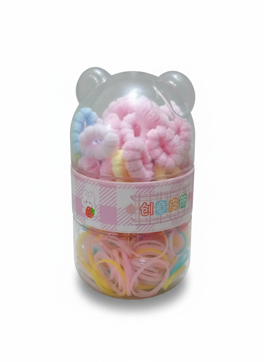 Kawaii Bear 2-in-1 Hair Accessory Set – Pastel Scrunchies & Elastic Bands in Divided Gift Jar