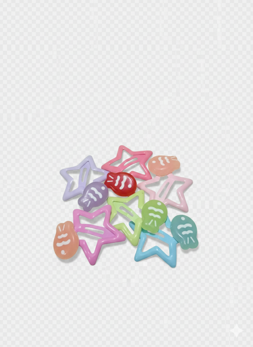 Kawaii Star & Fish Hair Clip Set– 6 pairs of Pastel Snap Clips