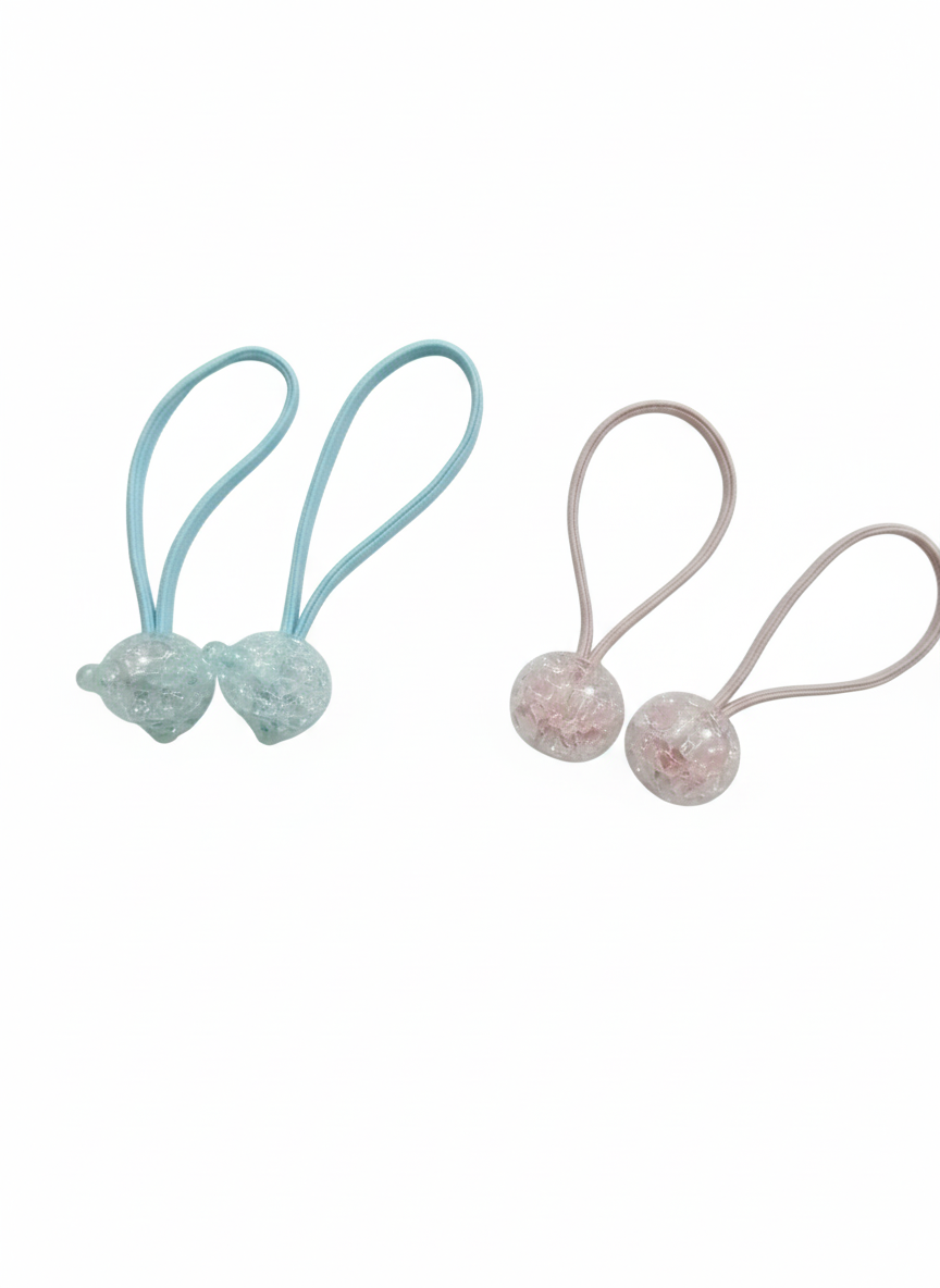 Bear-Themed ,Crystal Shine Kids Hair Ponies – (a Pair of two)Light Blue & Soft Pink Elastic Hair Ties (Set of 4)