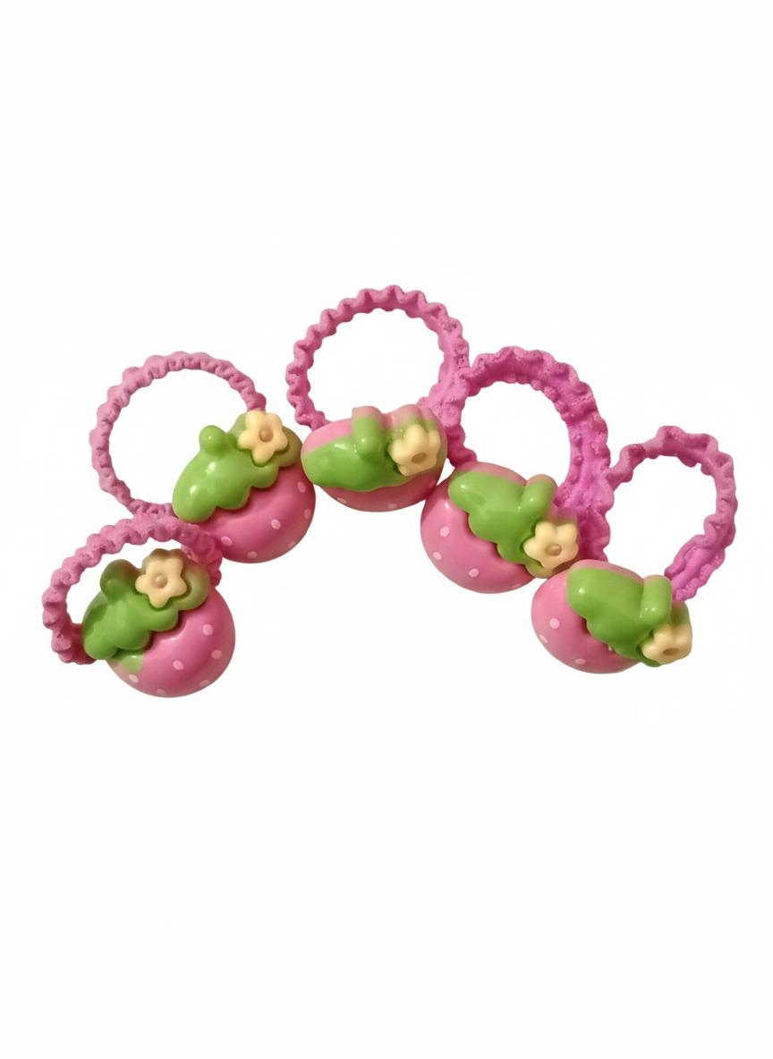 Kawaii Pink Strawberry Hair Elastics - (Pack of 5)