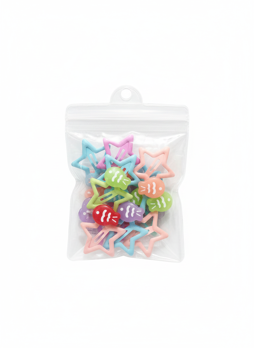 Kawaii Star & Fish Hair Clip Set– 6 pairs of Pastel Snap Clips
